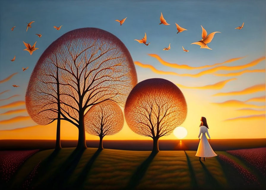 Woman in white dress walks towards sunset with barren trees and flying birds in serene landscape.