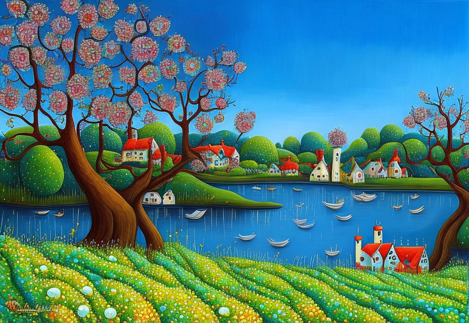 Colorful landscape painting with blossomed trees, rolling hills, houses, river, and boats