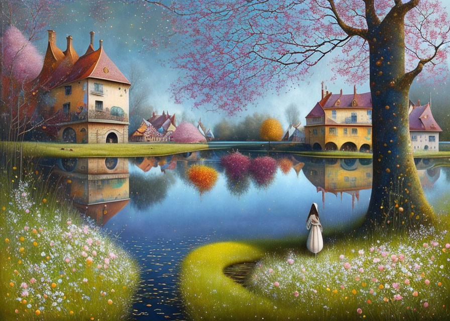 Colorful landscape with girl by reflective lake, trees, houses, and flowers under blue sky