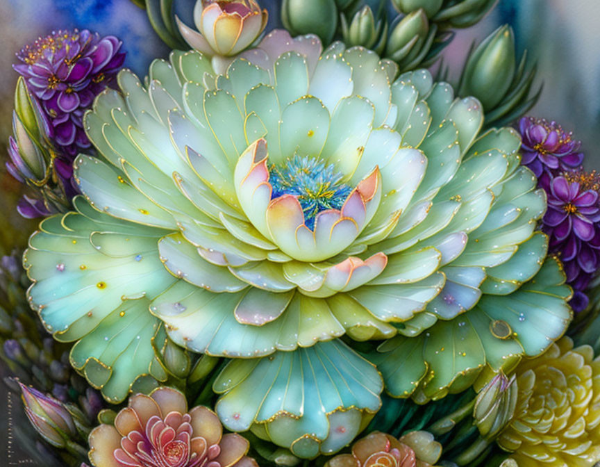 Vibrant Echeveria Succulent with Green to Purple Leaves and Dew Drops