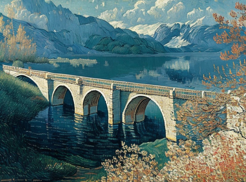 Vintage painting: Stone arch bridge over calm lake, autumn trees, mountain backdrop