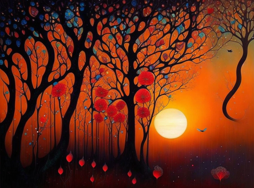 Colorful Tree Painting Against Orange Sunset Sky with Bird