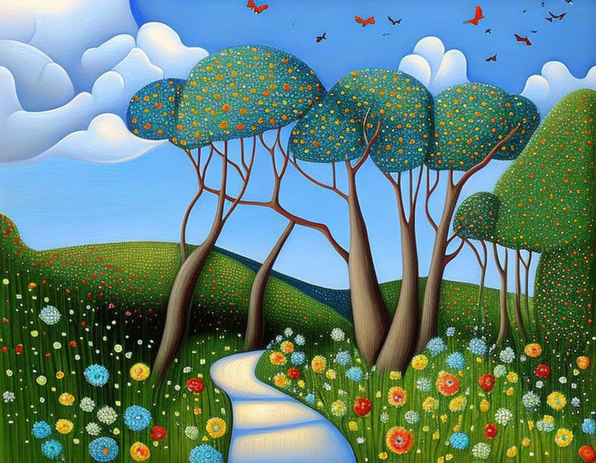 Colorful landscape painting with stylized trees, winding path, flowers, and birds.