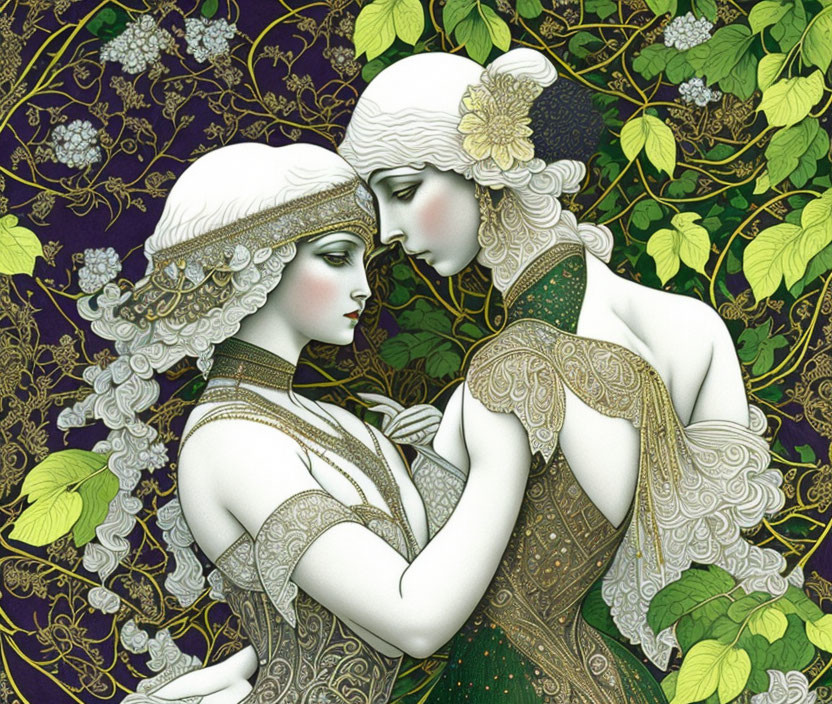 Ornately dressed figures embracing in purple foliage