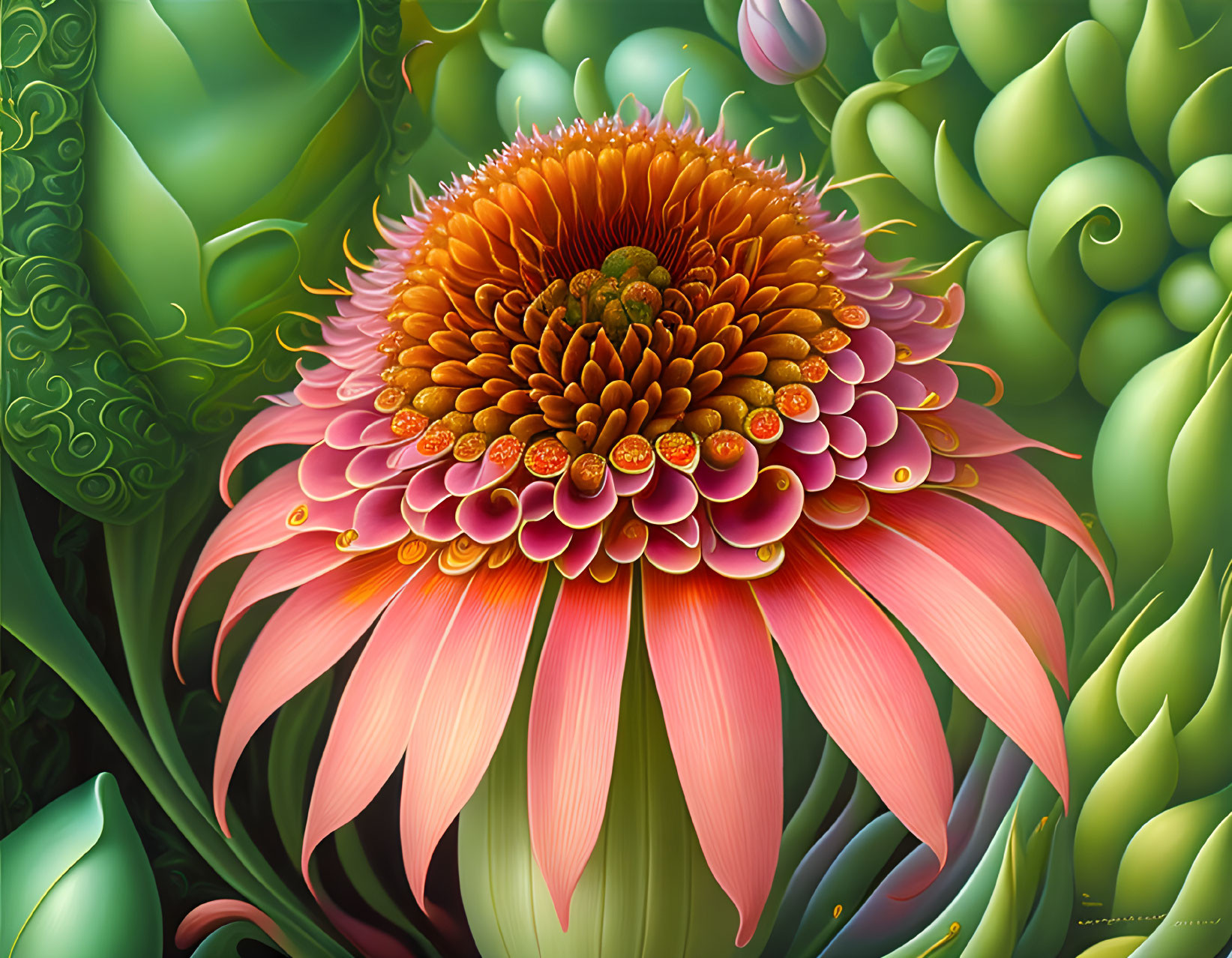 Vibrant digital artwork: Large red and orange flower with intricate details on lush green foliage