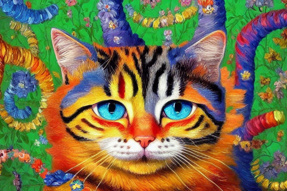 Colorful Cat Painting with Blue Eyes and Floral Background