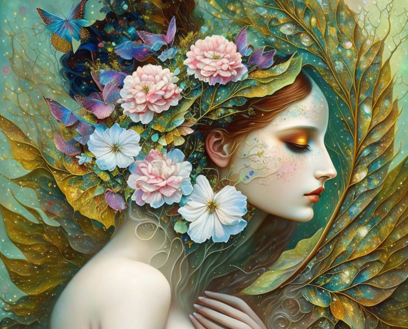 Ethereal female figure adorned with flowers and leaves in a golden foliage setting