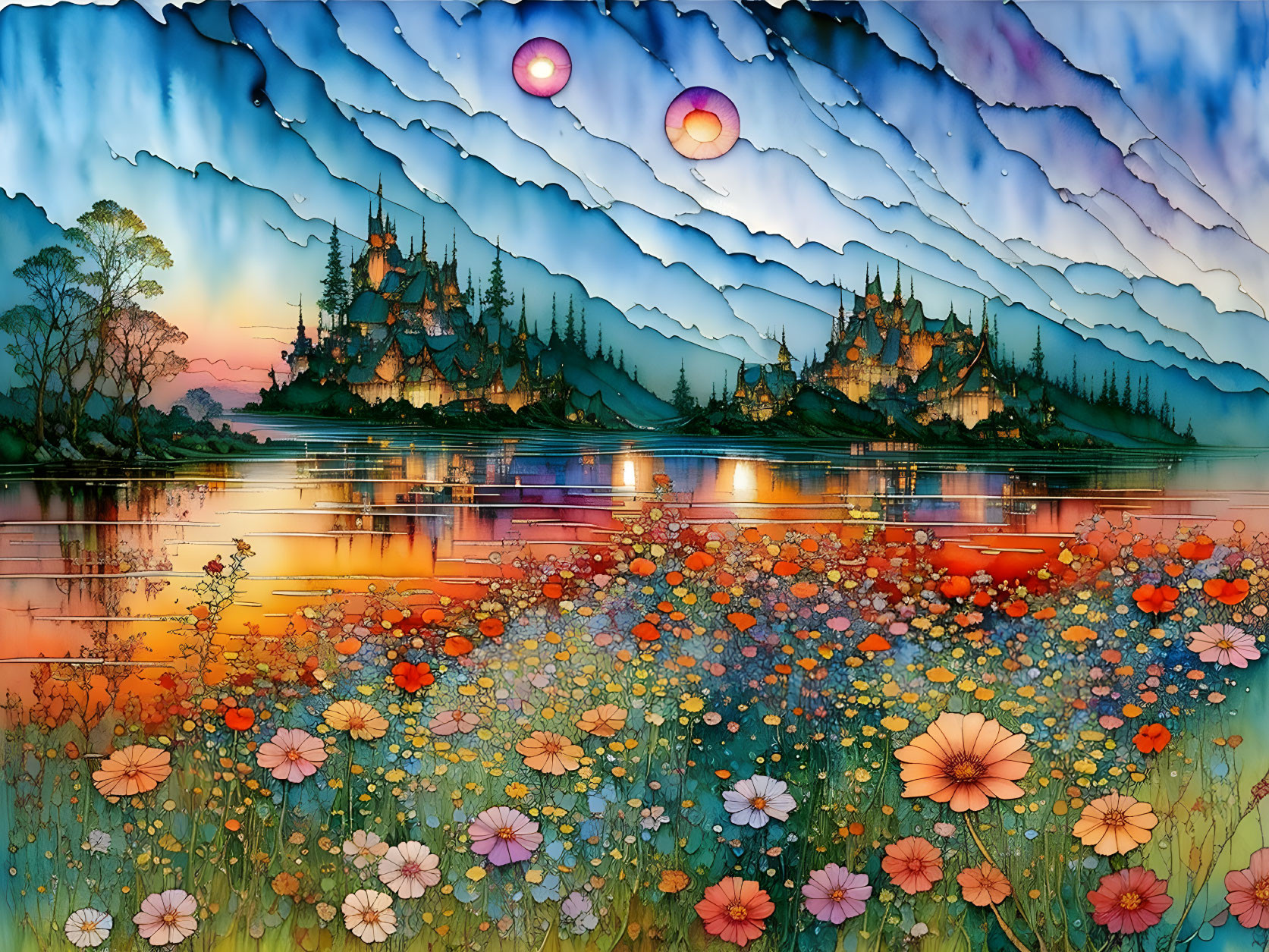 Colorful Stained-Glass Art: Lakeside View with Castles at Sunrise