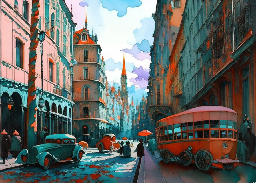 Vintage cars and tram in colorful European street scene under blue sky.