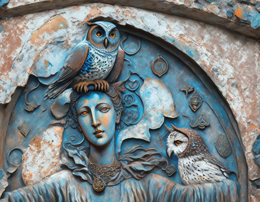 Colorful Bas-Relief Featuring Woman's Face and Owls on Textured Background