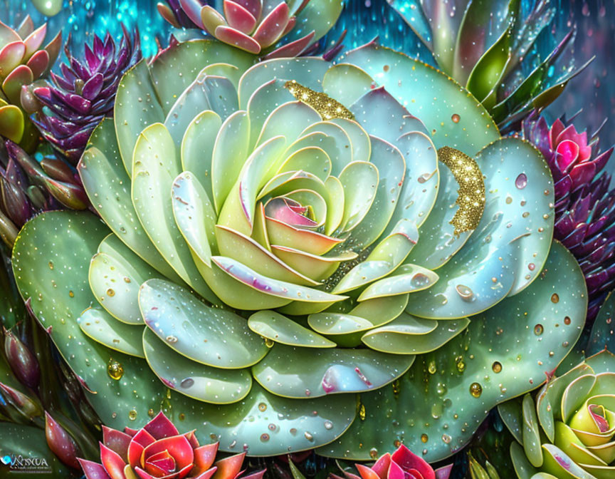 Colorful digital artwork: Dew-speckled succulent with gold accents