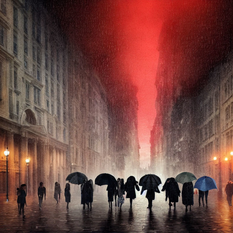 Rainy street scene with classic buildings and people under red sky