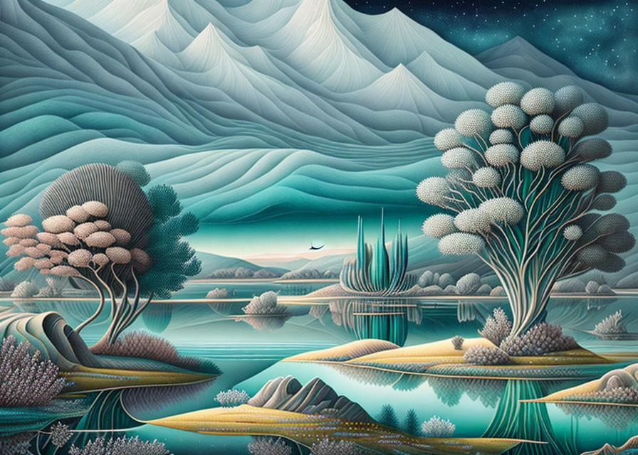 Surreal landscape with wavy mountains, rounded trees, starry sky, serene water, and