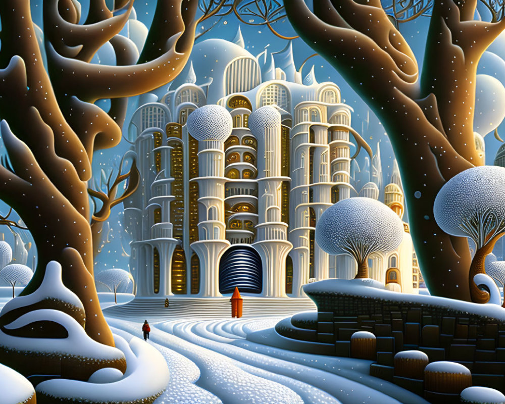 Detailed Winter Cityscape with Spherical Buildings and Figures Strolling