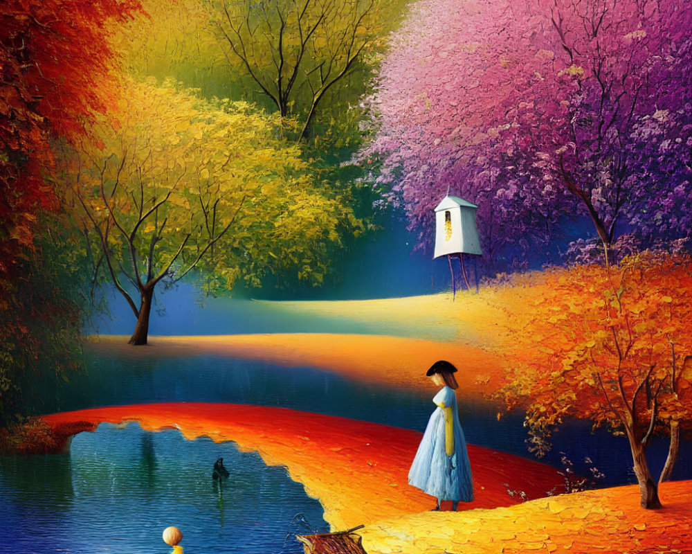 Person in Blue Dress by Colorful Autumn Lake with Birdhouse