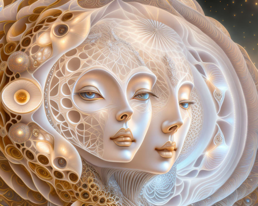 Symmetrical digital art: serene faces with cosmic patterns and celestial bodies