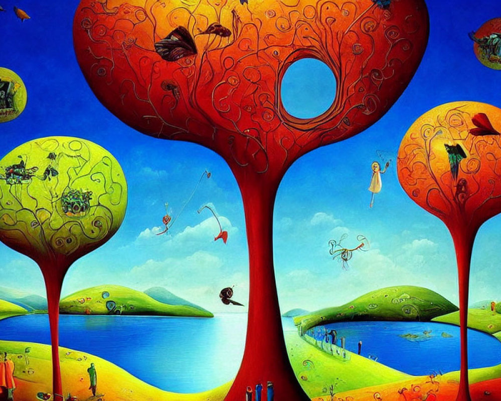 Whimsical painting of heart-shaped tree canopies against blue sky