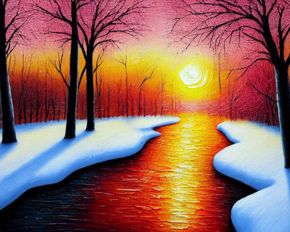 Scenic painting of sunset over snowy landscape with river reflection