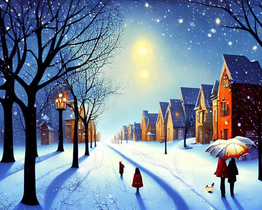 Snowy Street Scene with Glowing Streetlamps and Person Walking Dog