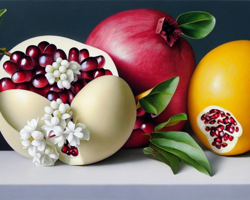 Classic still life painting with pomegranates, sliced apple, flowers, and yellow fruit