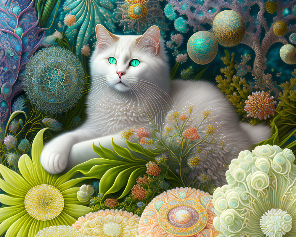 White Cat with Green Eyes Resting in Vibrant Floral and Fractal Patterns