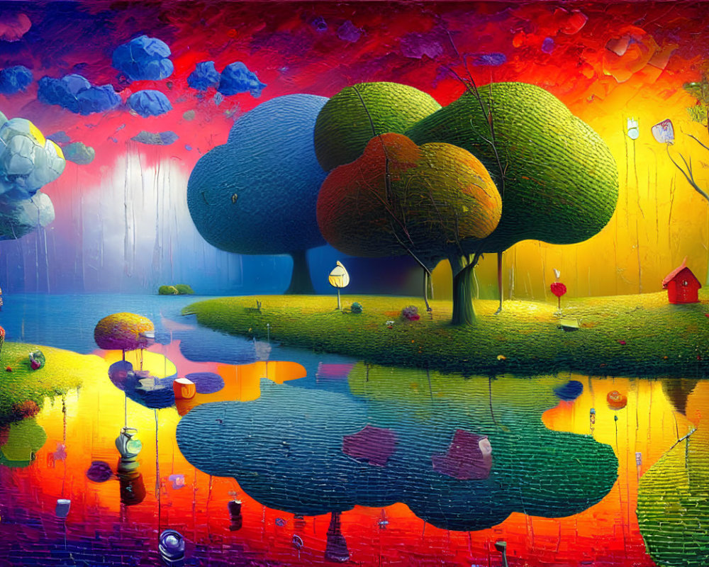 Colorful surreal landscape with stylized trees, water reflection, and whimsical elements under gradient sky.