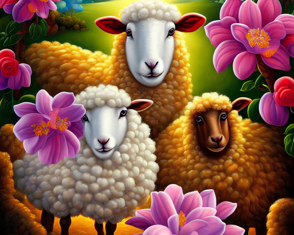 Cartoon sheep in pink flower field under clear sky