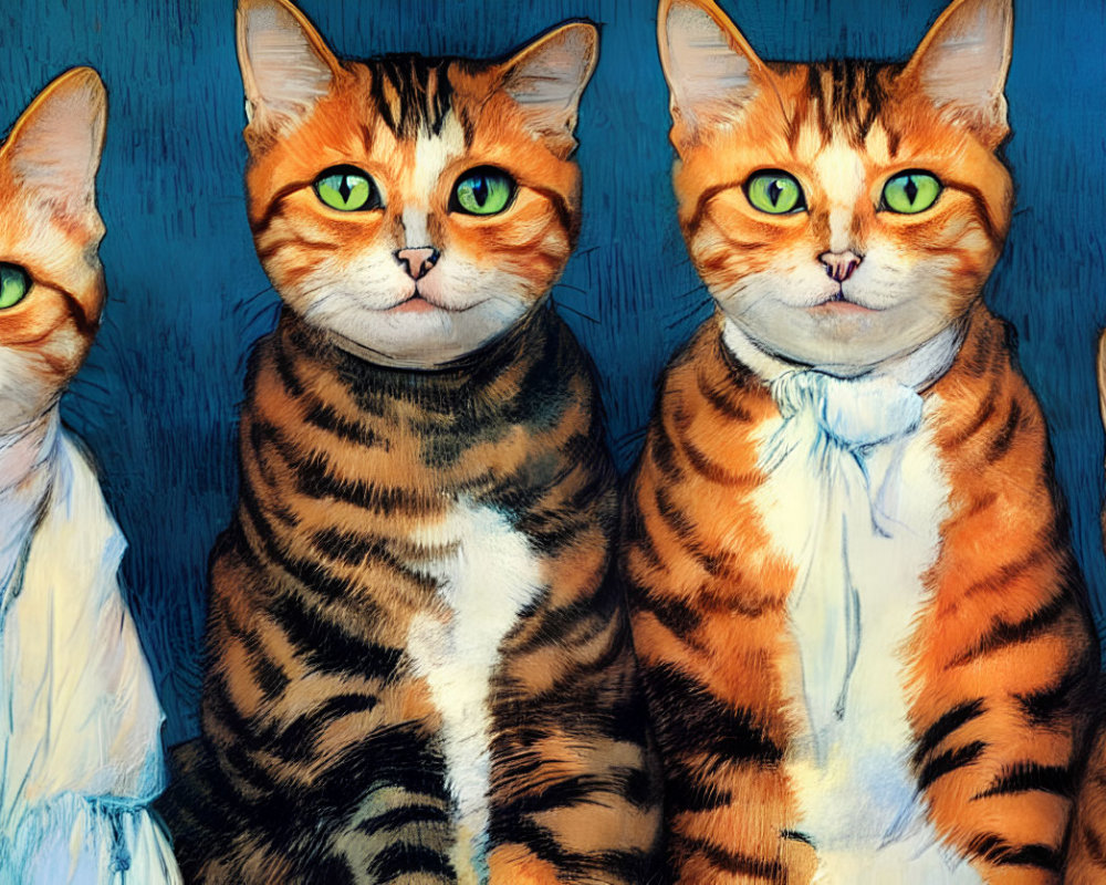 Stylized painting: Four cats in human-like bodies with clothes on blue background