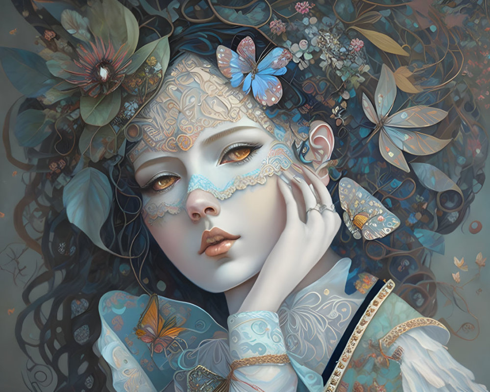 Illustrated portrait of woman with ornate mask, butterflies, flowers on blueish-grey background