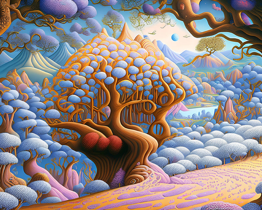 Colorful Surreal Landscape with Stylized Trees and Whimsical Sky