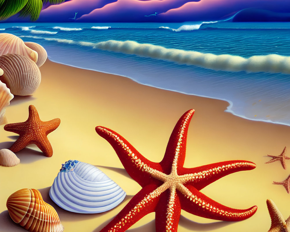 Tropical beach scene with starfish, shells, palm trees, and serene ocean at dusk