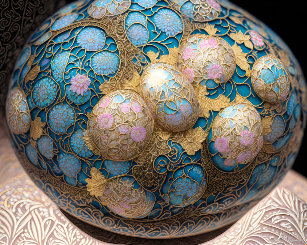 Detailed Close-Up of Blue and Gold Decorated Ornate Egg