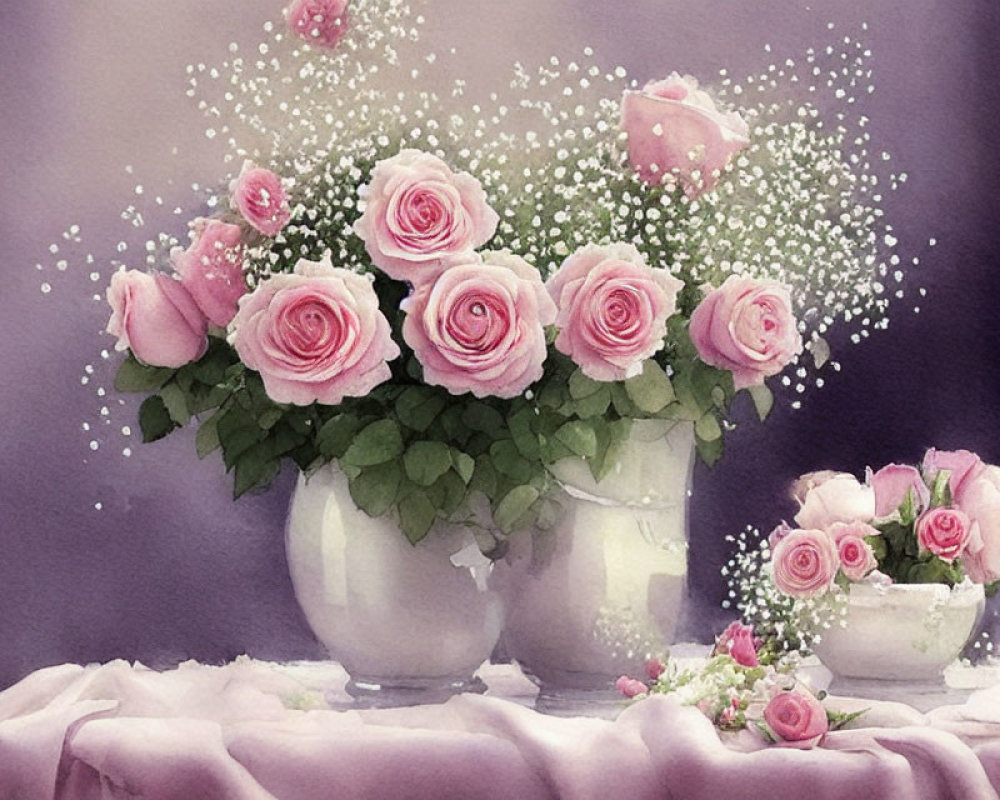 Pink roses in white vases on draped cloth with scattered petals - tranquil and romantic ambiance