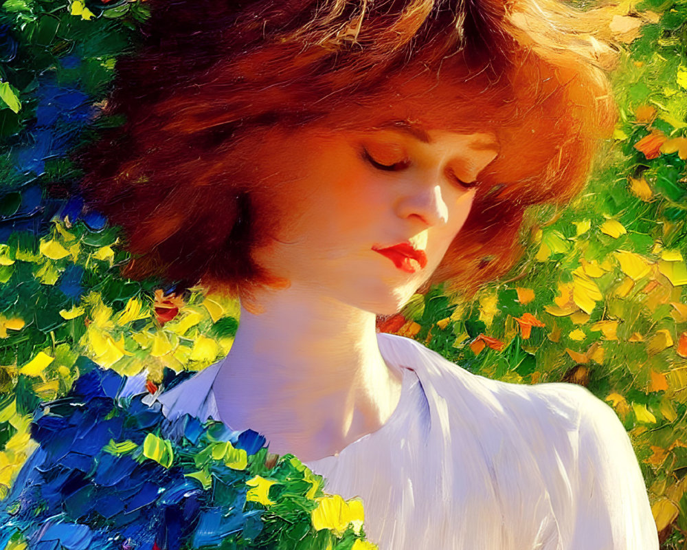 Short Auburn-Haired Woman in White Blouse Against Floral Background