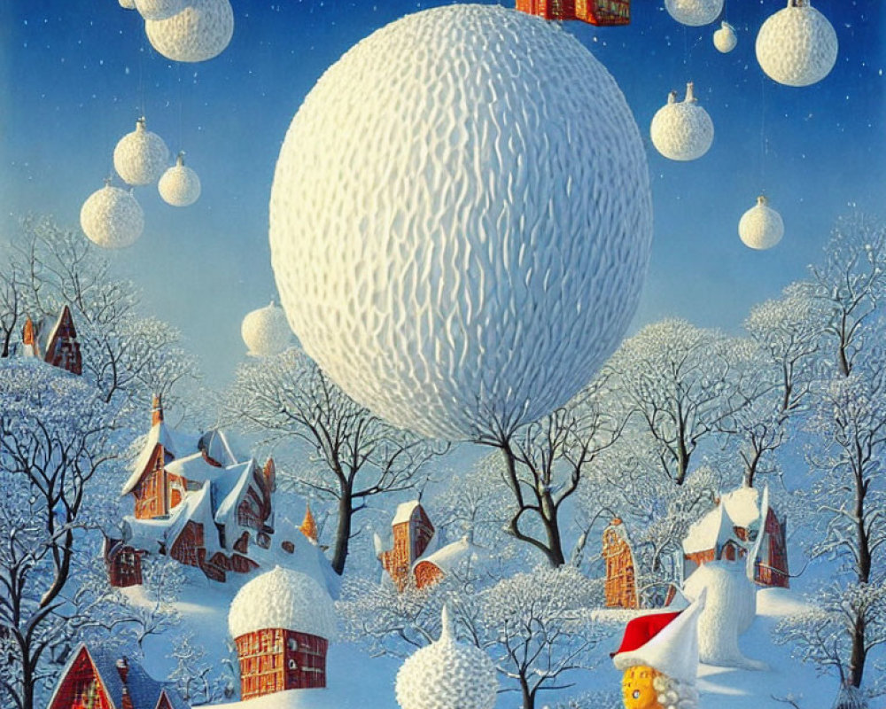 Whimsical winter scene with floating snowball and festive trees