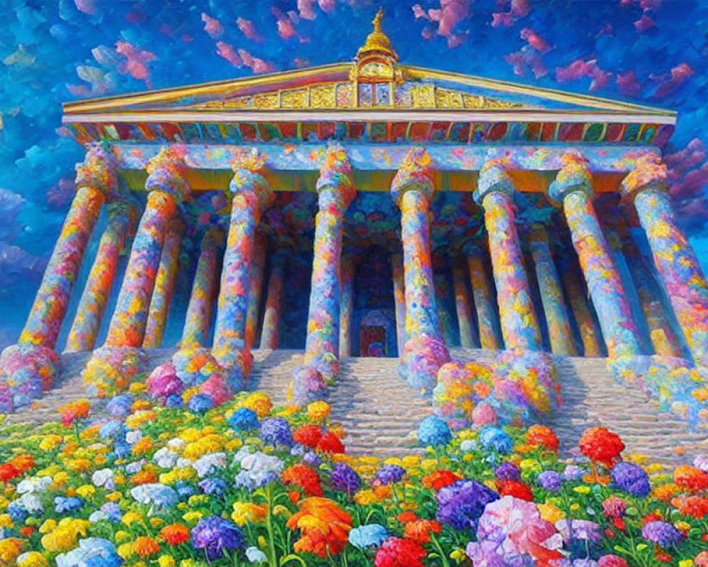 Impressionistic painting of classical building in colorful garden