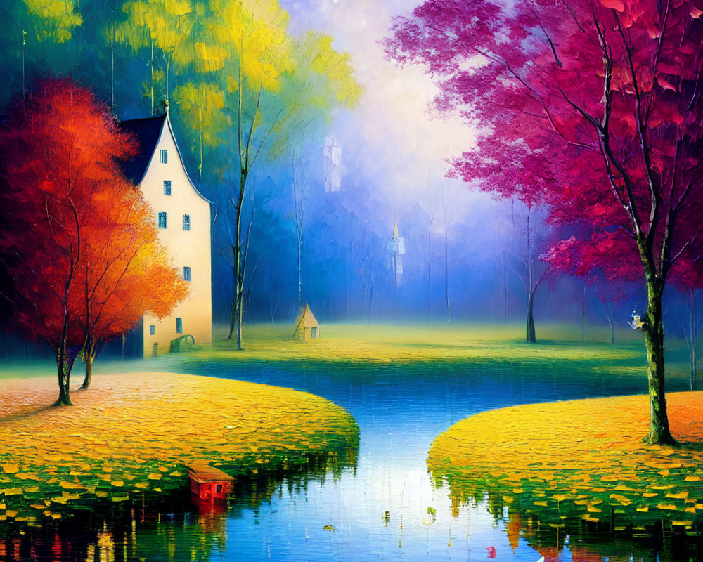 Colorful autumn landscape with white house, blue river, trees in yellow, blue, and red hues