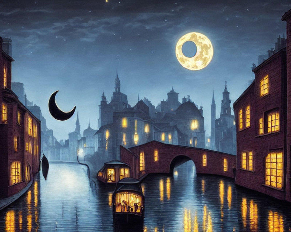 Nighttime cityscape with two moons, crescent and full, over illuminated bridges and canals