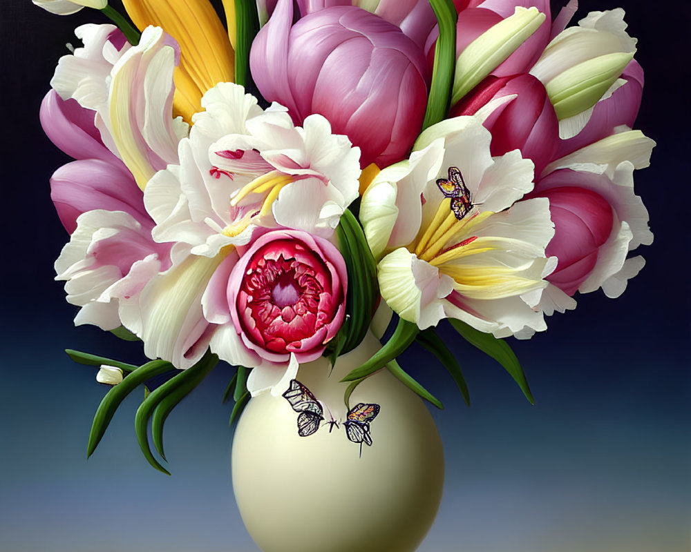 Colorful Flower Bouquet in Cream Vase with Butterflies on Dark Background