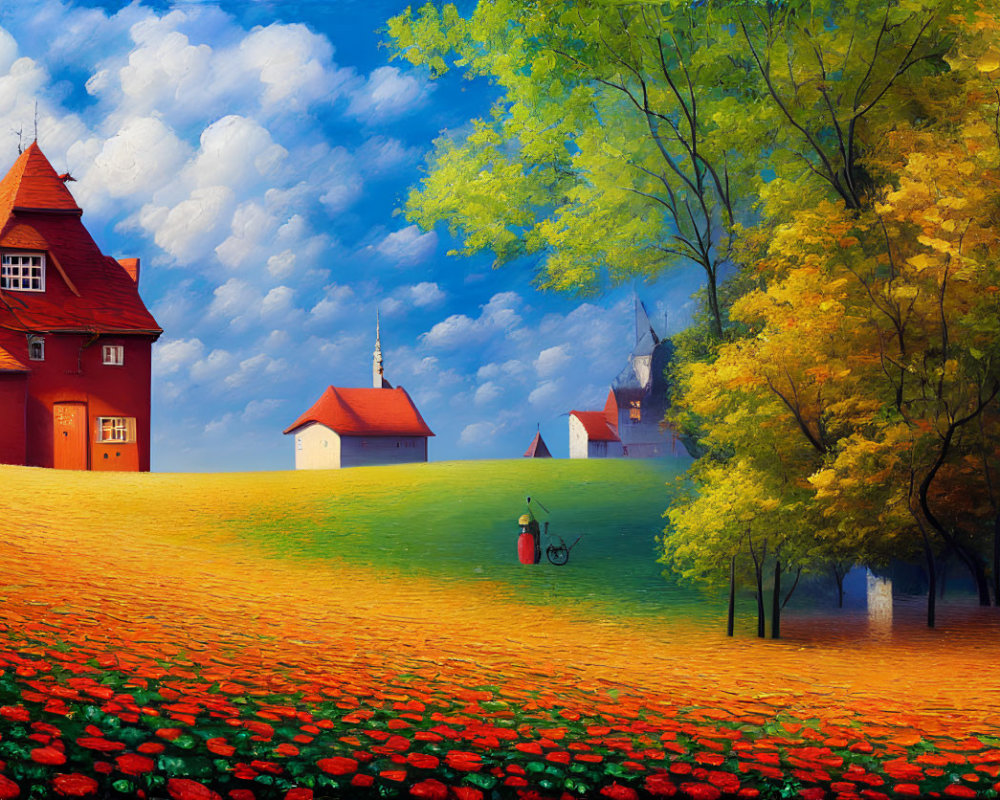 Colorful landscape with red-roofed houses, red flowers, yellow tree, clouds, and cyclist