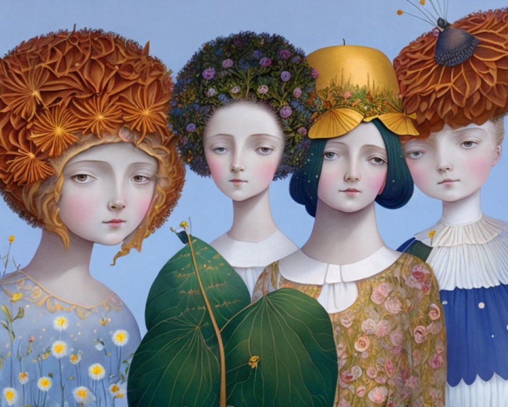 Four Stylized Female Figures with Flower Headdresses on Blue Background