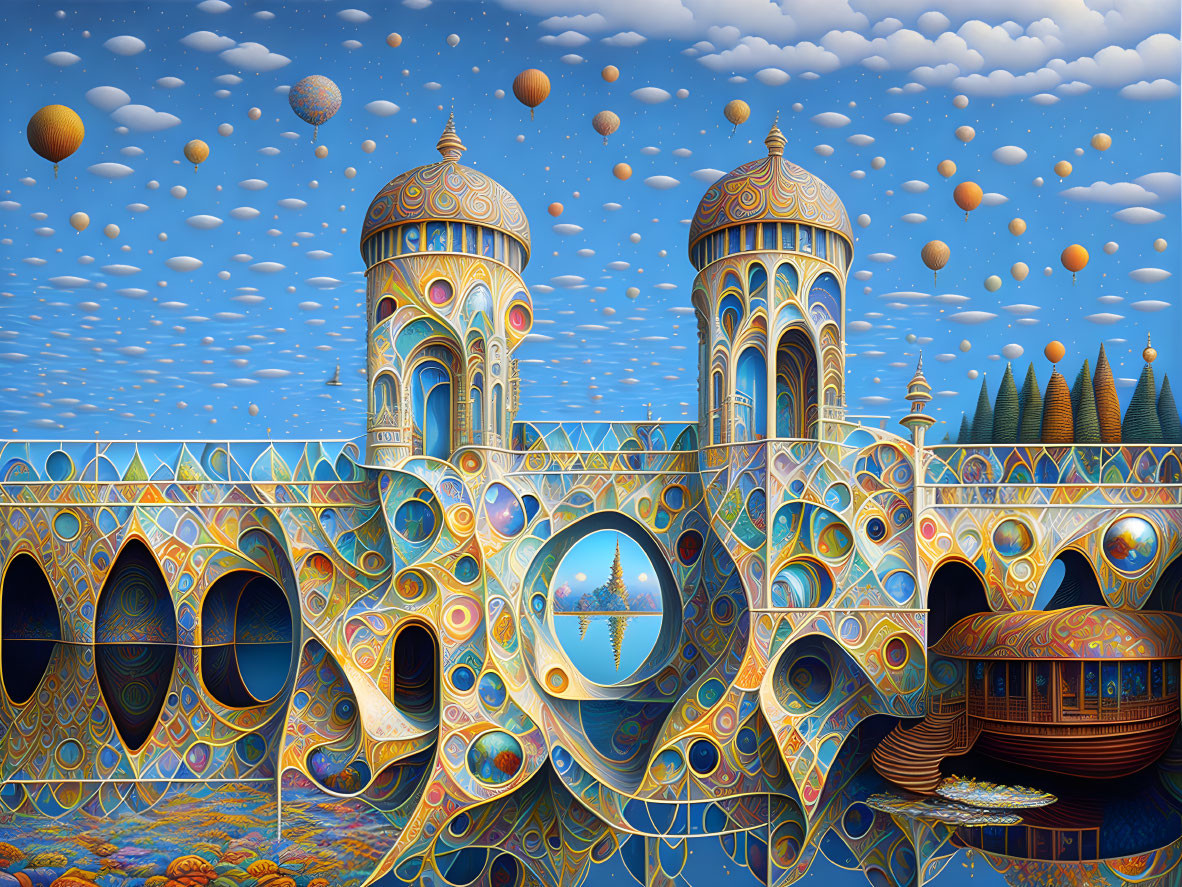 Intricate Fantasy Landscape with Ornate Buildings and Floating Orbs