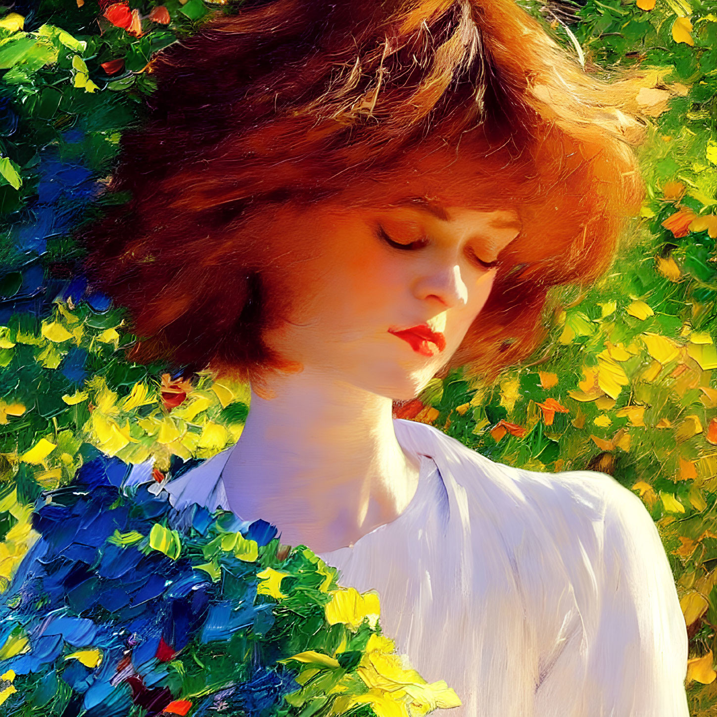 Short Auburn-Haired Woman in White Blouse Against Floral Background