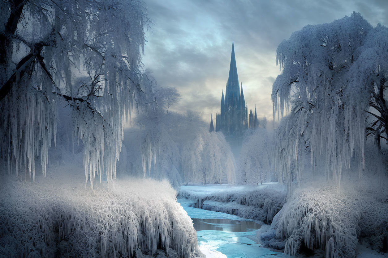 Snow-covered trees and icy river in mystical winter landscape.