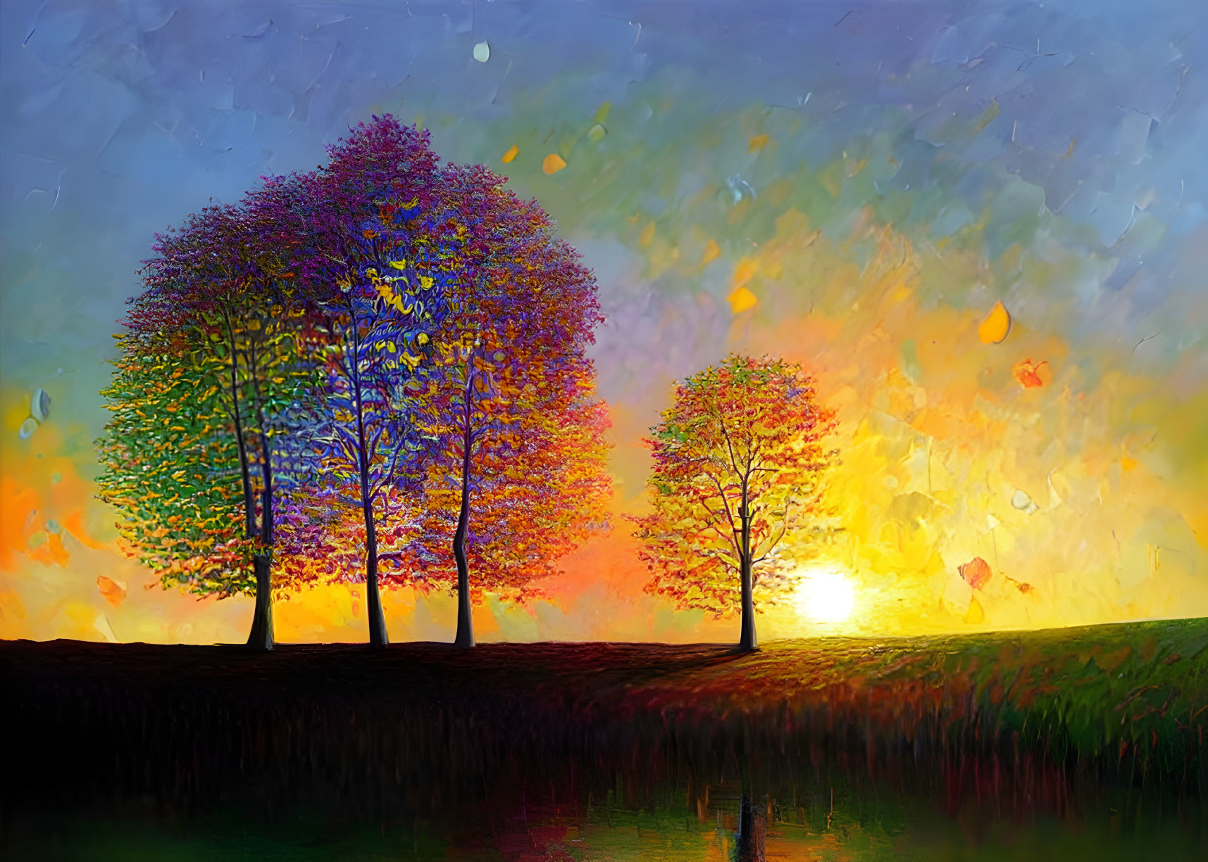 Colorful painting of three trees at sunset over water