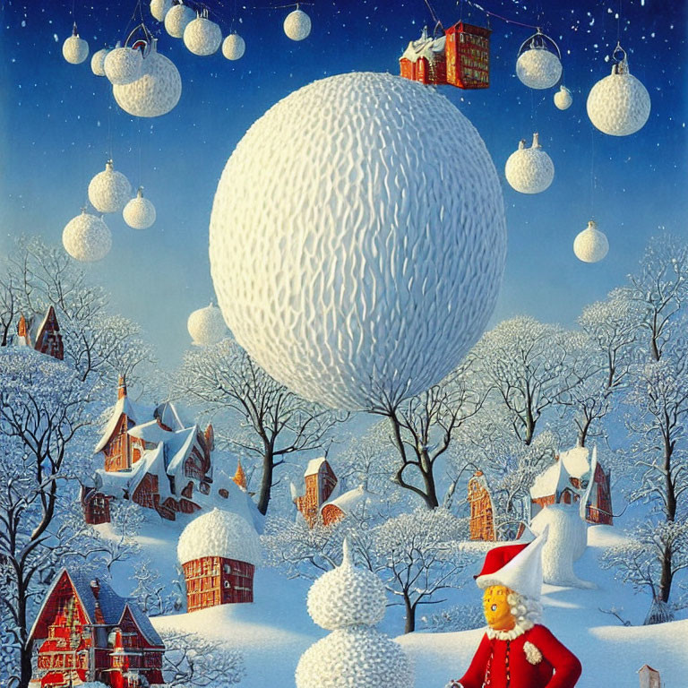 Whimsical winter scene with floating snowball and festive trees