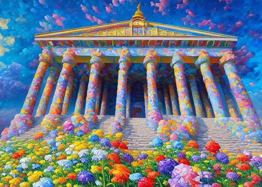 Impressionistic painting of classical building in colorful garden