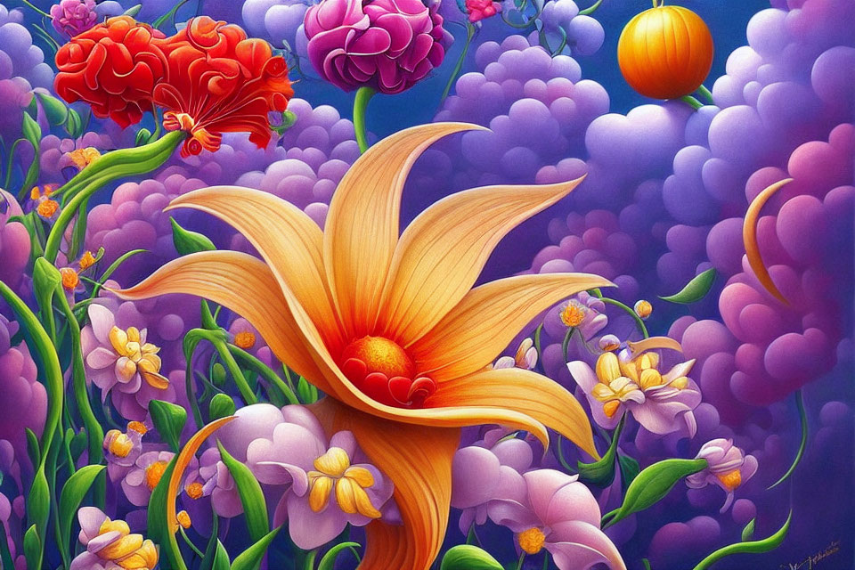 Colorful painting with orange flower, yellow flowers, purple clouds, and flora