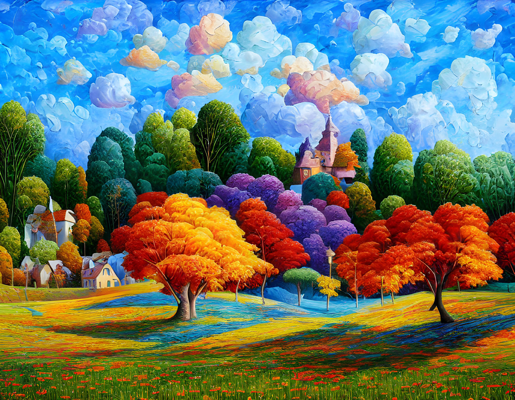 Colorful autumn landscape with village, castle, windmills, and blue skies