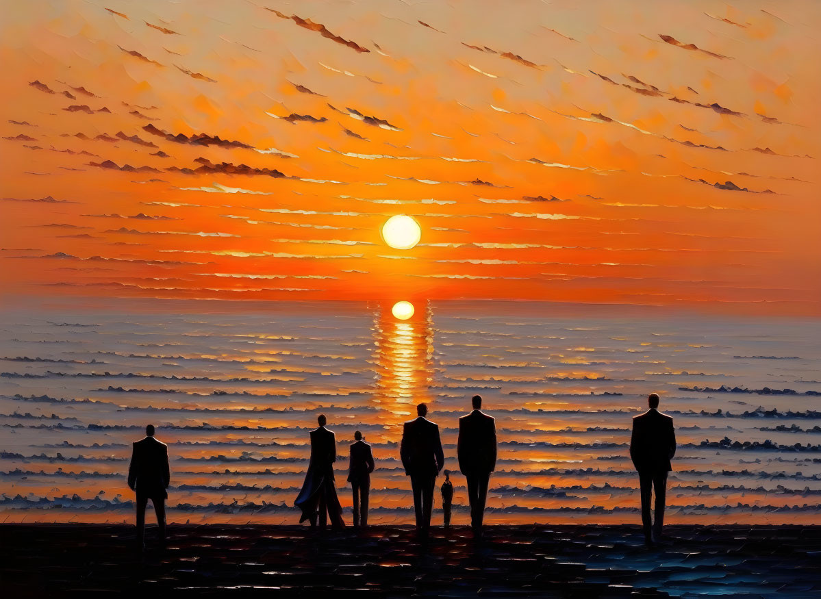 Five People Silhouettes on Beach at Sunset with Orange Sky